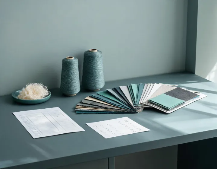 Textile sourcing specialist reviewing fiber yarn and fabric brief